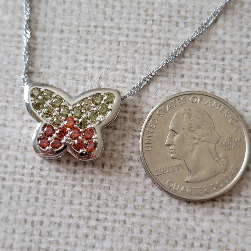 Gemstone Pave Butterfly Necklace Red and Green 18k white gold filled 925 Silver